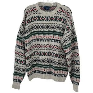 Cambridge Classics Sweater Grey Fair Isle Knit 100% Cotton Vintage Large